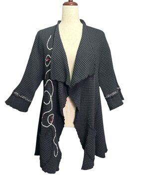 Focus Black Waffle Knit Drape Cardigan Wearable Art Boho Lagenlook Medium